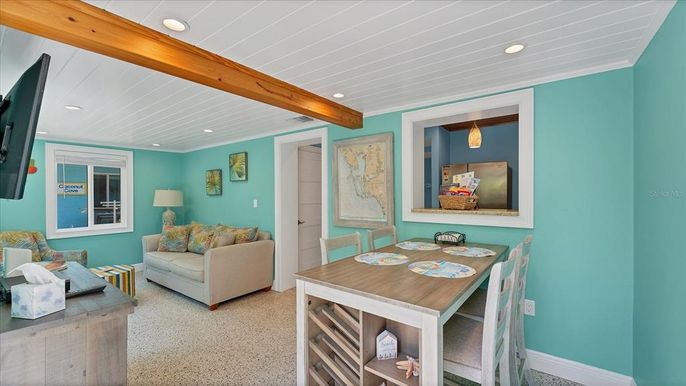 Dining room, Interior, Living room, Recessed Lighting, Wooden Beams