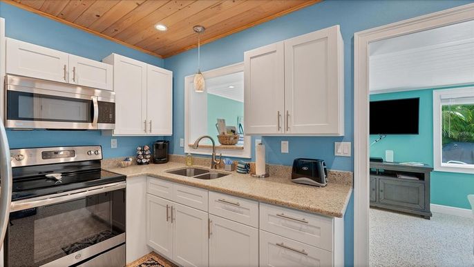 Interior, Kitchen, Pendant Lights, Recessed Lighting, Stainless Steel Appliances, Wooden Ceilings