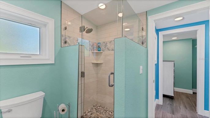 Bathroom, Glass Shower, Interior, Recessed Lighting, Wood Texture Flooring