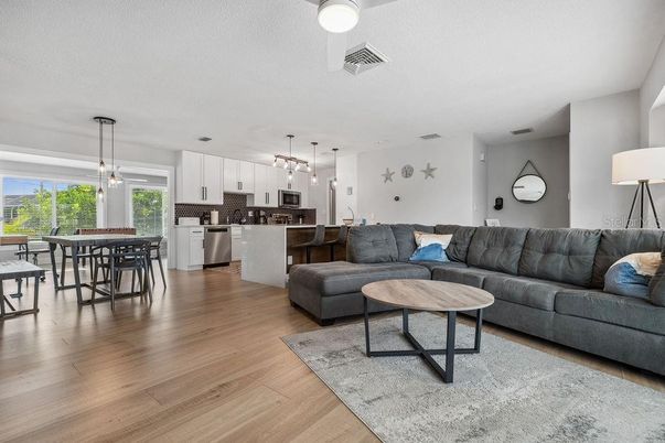 Dining room, Interior, Kitchen, Living room, Pendant Lights, Wood Texture Flooring