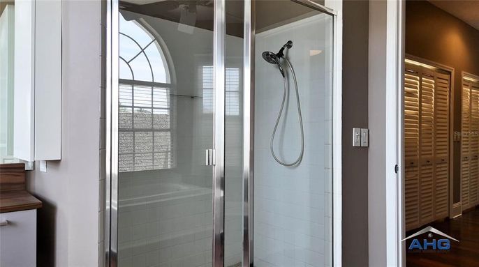 Bathroom, Glass Shower, Interior, Wood Texture Flooring
