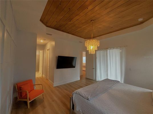 Bedroom, Chandelier, Interior, Wooden Ceilings, Wood Texture Flooring