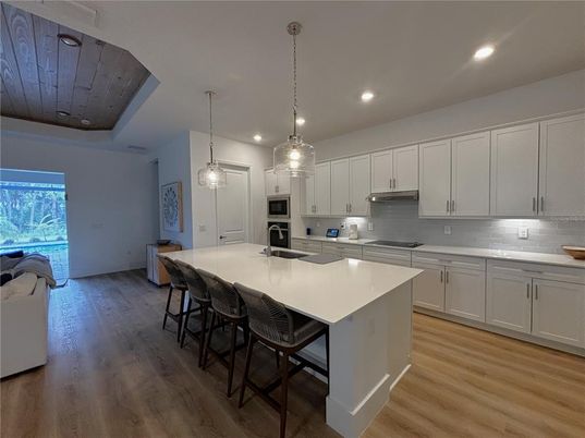 Interior, Kitchen, Pendant Lights, Recessed Lighting, Stainless Steel Appliances, Wooden Ceilings, Wood Texture Flooring