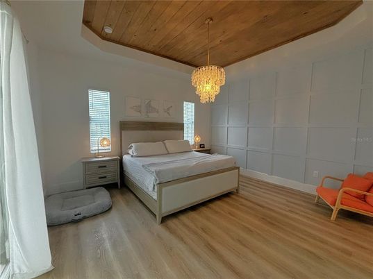 Bedroom, Chandelier, Interior, Wooden Ceilings, Wood Texture Flooring