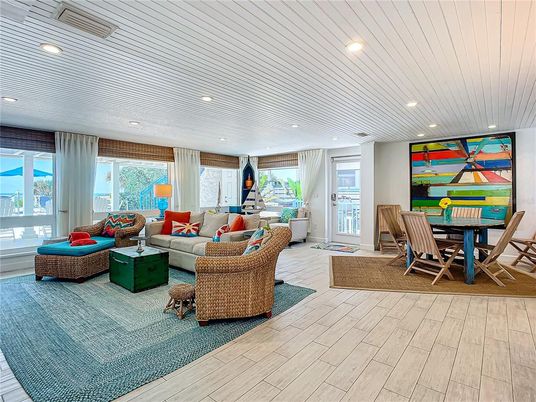 Dining room, Interior, Living room, Recessed Lighting, Wood Texture Flooring