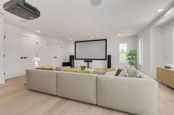 Interior, Living room, Projection Screen, Recessed Lighting, Theatre Room, Wood Texture Flooring