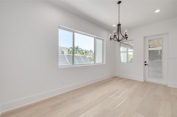 Chandelier, Empty room, Interior, Recessed Lighting, Wood Texture Flooring