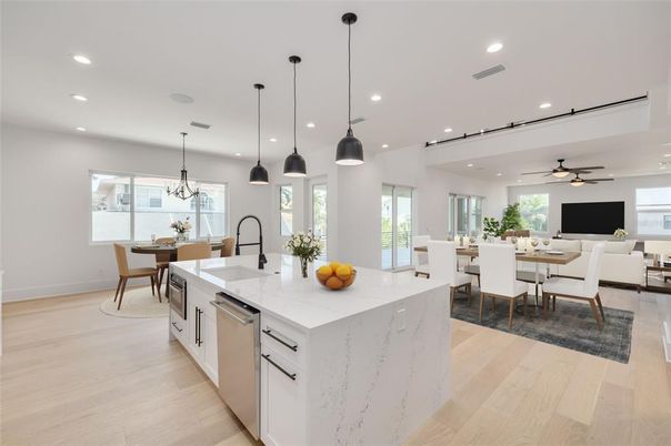 Dining room, Interior, Kitchen, Living room, Pendant Lights, Recessed Lighting, Stainless Steel Appliances, Wood Texture Flooring