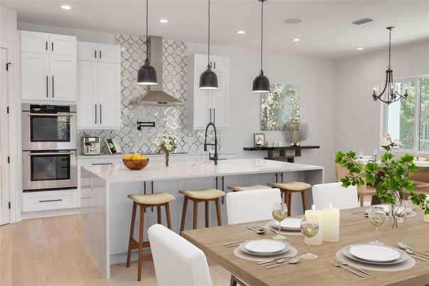 Dining room, Interior, Kitchen, Pendant Lights, Recessed Lighting, Stainless Steel Appliances, Wood Texture Flooring