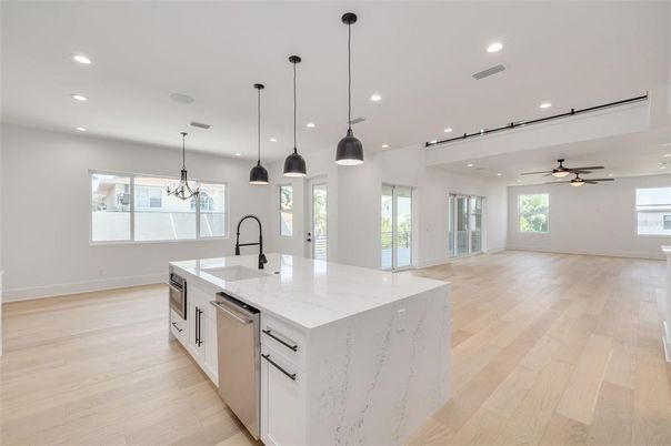 Interior, Kitchen, Pendant Lights, Recessed Lighting, Wood Texture Flooring