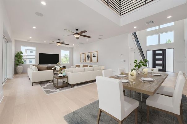 Dining room, Interior, Living room, Recessed Lighting, Wood Texture Flooring