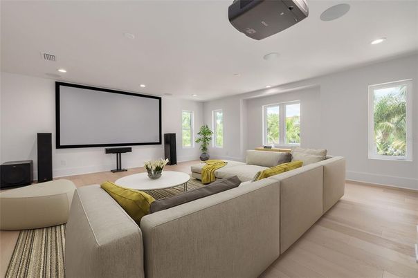Interior, Living room, Projection Screen, Recessed Lighting, Wood Texture Flooring