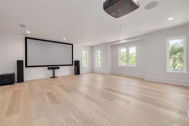 Empty room, Interior, Projection Screen, Recessed Lighting, Wood Texture Flooring