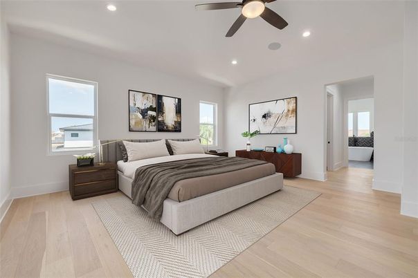 Bedroom, Interior, Recessed Lighting, Wood Texture Flooring