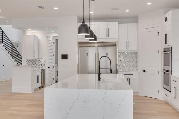 Interior, Kitchen, Pendant Lights, Recessed Lighting, Stainless Steel Appliances, Wood Texture Flooring