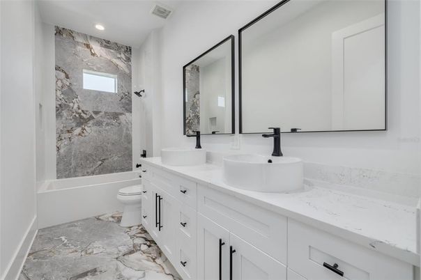 Bathroom, Dual Sink Vanities, Interior, Marble, Recessed Lighting