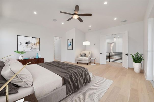 Bedroom, Interior, Recessed Lighting, Wood Texture Flooring