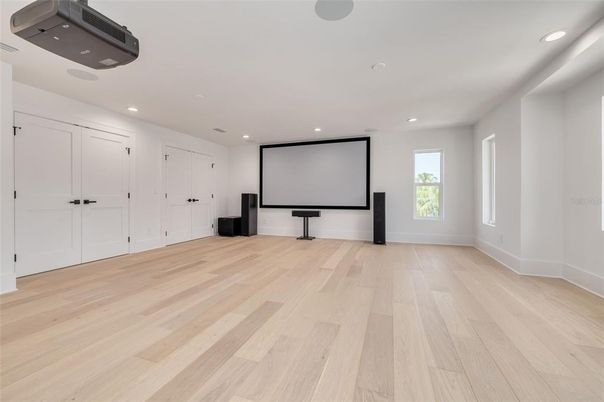 Interior, Projection Screen, Recessed Lighting, Wood Texture Flooring