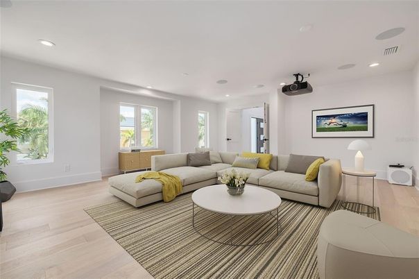 Interior, Living room, Recessed Lighting, Wood Texture Flooring