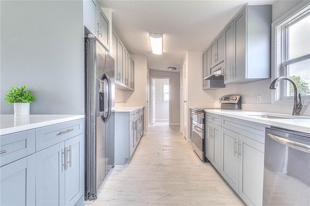 Interior, Kitchen, Stainless Steel Appliances, Wood Texture Flooring