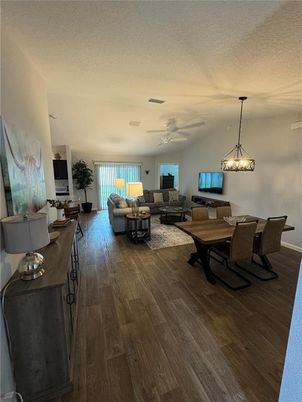 Dining room, Interior, Living room, Pendant Lights, Wood Texture Flooring