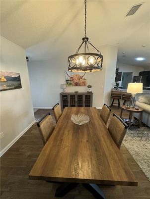 Dining room, Interior, Pendant Lights, Recessed Lighting, Wood Texture Flooring