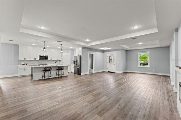 Interior, Kitchen, Pendant Lights, Recessed Lighting, Wood Texture Flooring