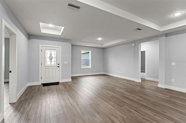 Empty room, Interior, Recessed Lighting, Wood Texture Flooring