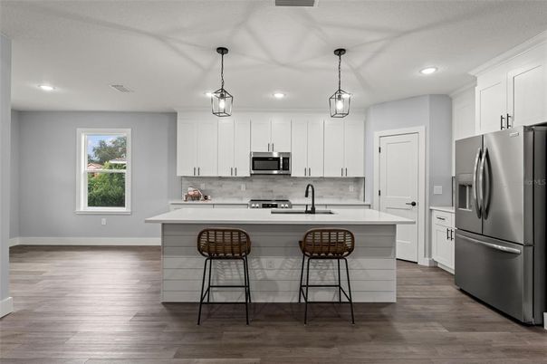 Interior, Kitchen, Pendant Lights, Recessed Lighting, Stainless Steel Appliances, Wood Texture Flooring