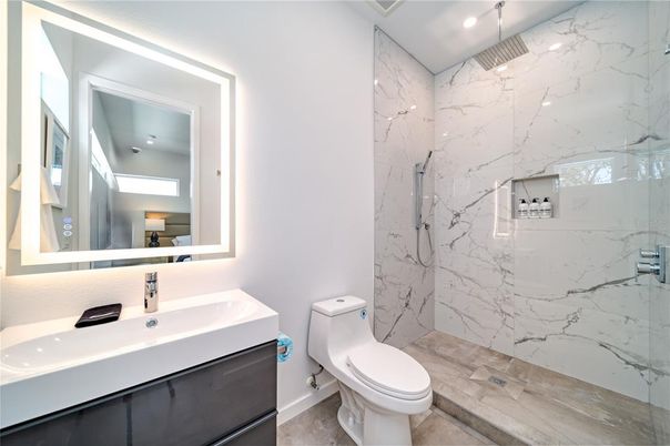 Bathroom, Glass Shower, Interior, Marble Walls, Recessed Lighting