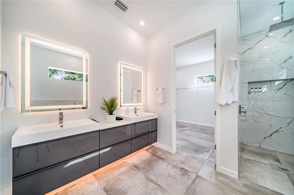 Bathroom, Dual Sink Vanities, Interior, Marble Walls, Recessed Lighting