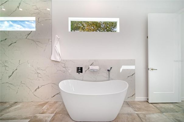 Bathroom, Free Standing Baths, Interior, Marble Walls, Recessed Lighting