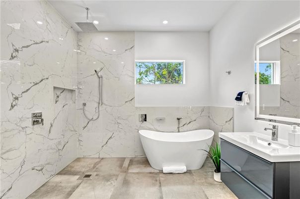 Bathroom, Free Standing Baths, Interior, Marble Walls, Recessed Lighting