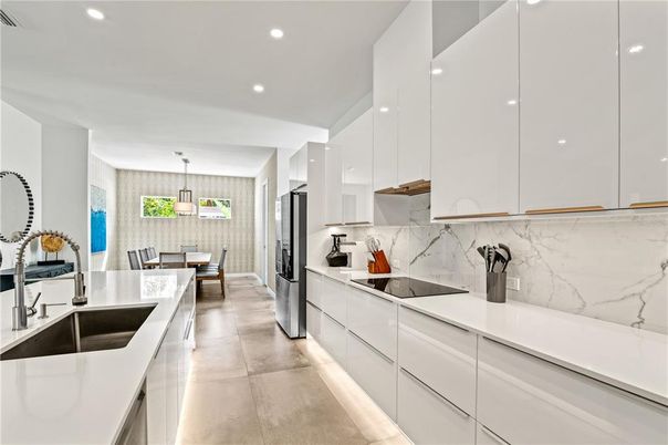 Dining room, Interior, Kitchen, Marble Walls, Pendant Lights, Recessed Lighting