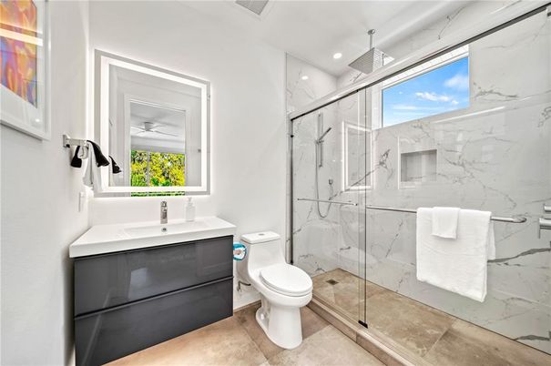 Bathroom, Glass Shower, Interior, Marble Walls, Recessed Lighting