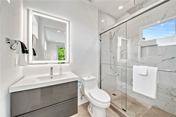 Bathroom, Glass Shower, Interior, Marble Walls, Recessed Lighting