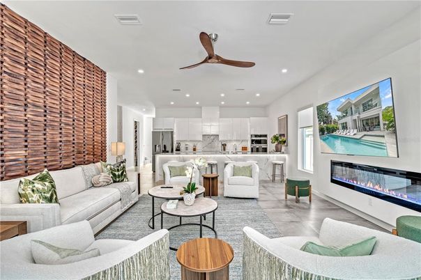 Fireplace, Interior, Kitchen, Living room, Recessed Lighting, Stainless Steel Appliances