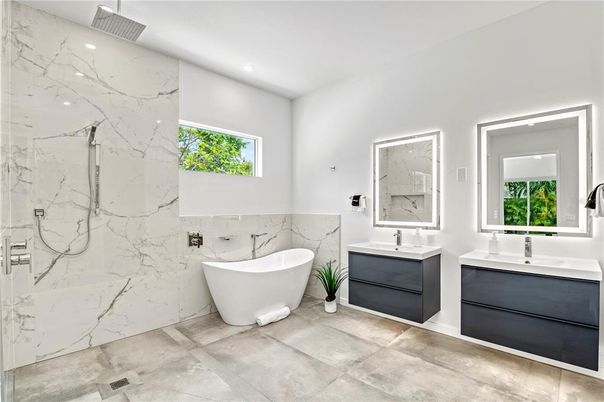 Bathroom, Dual Sink Vanities, Free Standing Baths, Interior, Marble Walls, Recessed Lighting