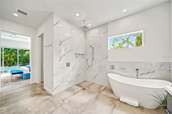 Bathroom, Free Standing Baths, Interior, Marble Walls, Recessed Lighting
