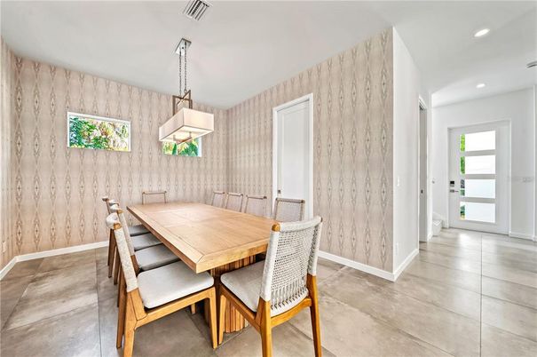 Dining room, Interior, Pendant Lights, Recessed Lighting, Wooden Walls