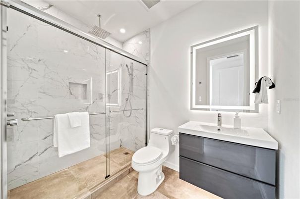Bathroom, Glass Shower, Interior, Marble Walls, Recessed Lighting