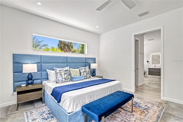 Bedroom, Interior, Recessed Lighting, Wood Texture Flooring