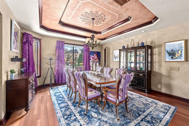 Chandelier, Dining room, Interior, Wood Texture Flooring