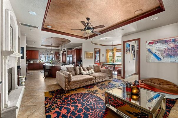 Billiard Table, Fireplace, Game Room, Interior, Kitchen, Living room, Pendant Lights, Recessed Lighting
