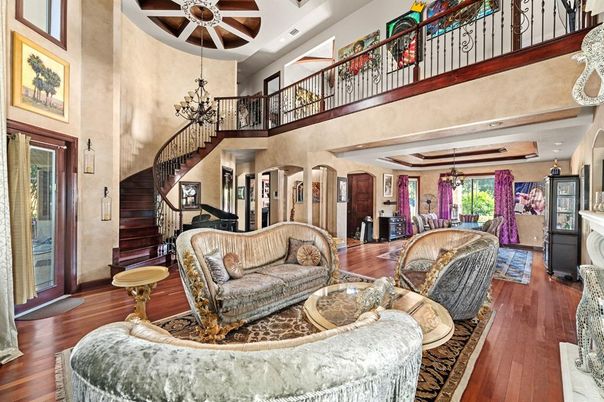 Chandelier, Interior, Living room, Piano, Recessed Lighting, Wooden Beams, Wood Texture Flooring