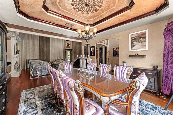 Chandelier, Dining room, Interior, Wood Texture Flooring