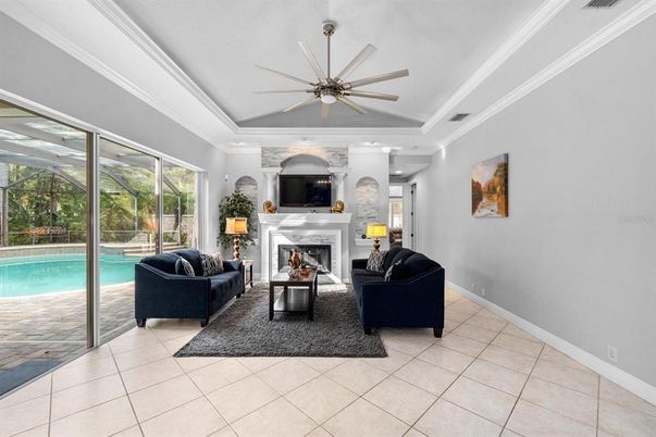 Fireplace, Interior, Living room, Recessed Lighting, Stone Walls