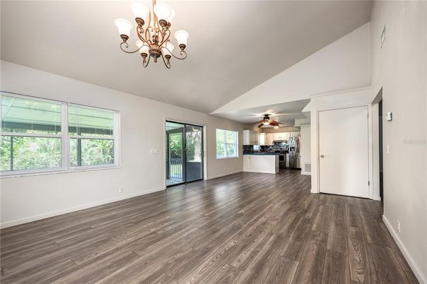 Chandelier, Empty room, Interior, Kitchen, Wood Texture Flooring