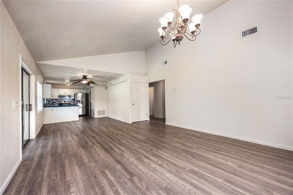 Chandelier, Empty room, Interior, Kitchen, Wood Texture Flooring