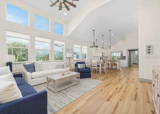 Dining room, Interior, Living room, Pendant Lights, Wood Texture Flooring